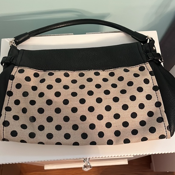 Kate Spade handbag in black leather and khaki canvas with polka dot print - Picture 3 of 5